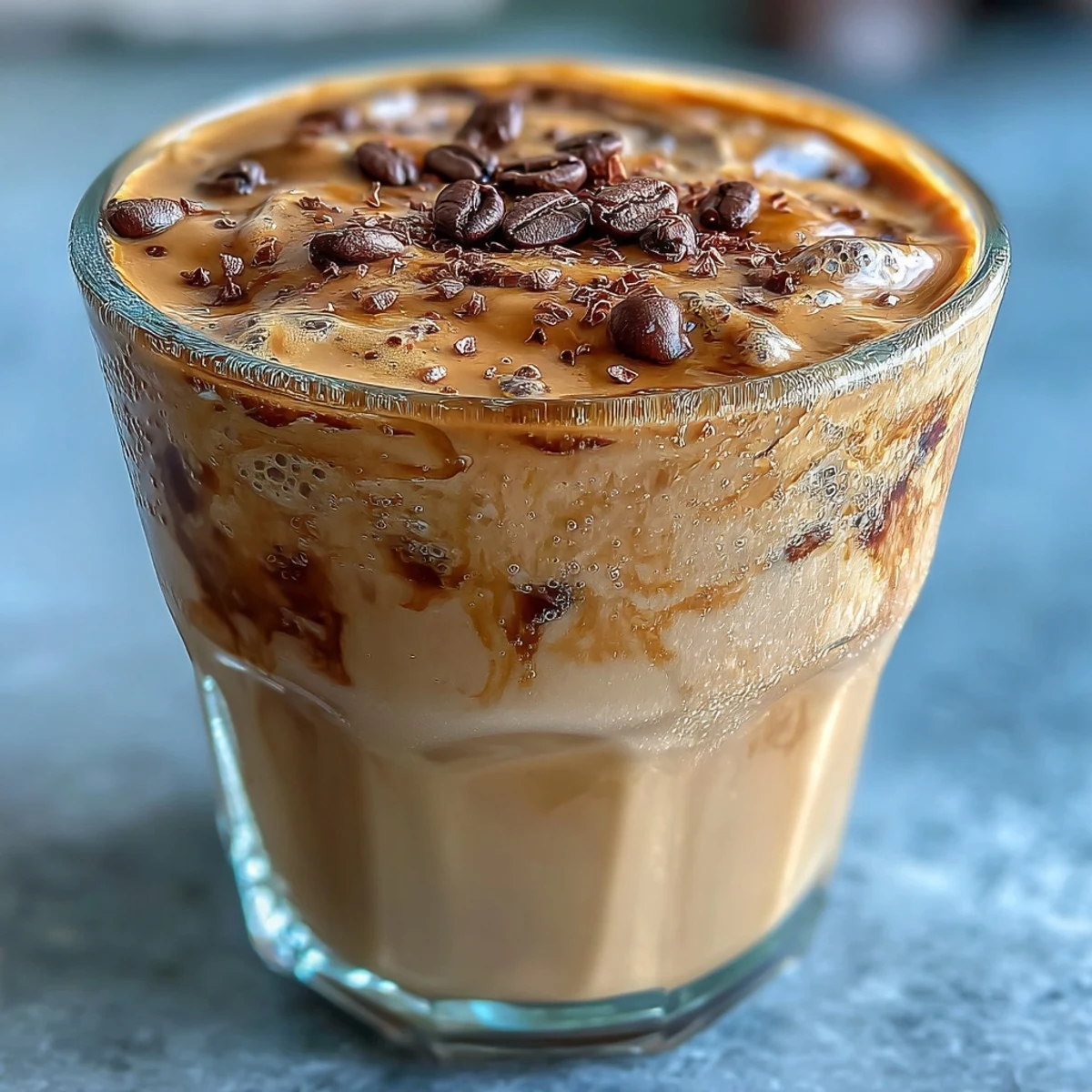 Creamy 5-Minute Coffee Protein Shake poured into a glass, topped with cocoa and coffee beans.