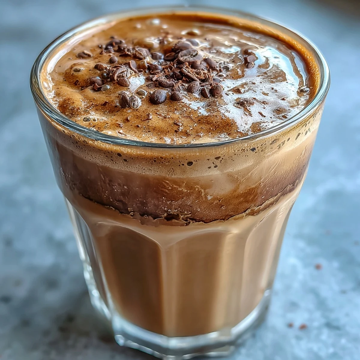 A frosted glass of 5-Minute Coffee Protein Shake beside whole beans and a ripe banana.