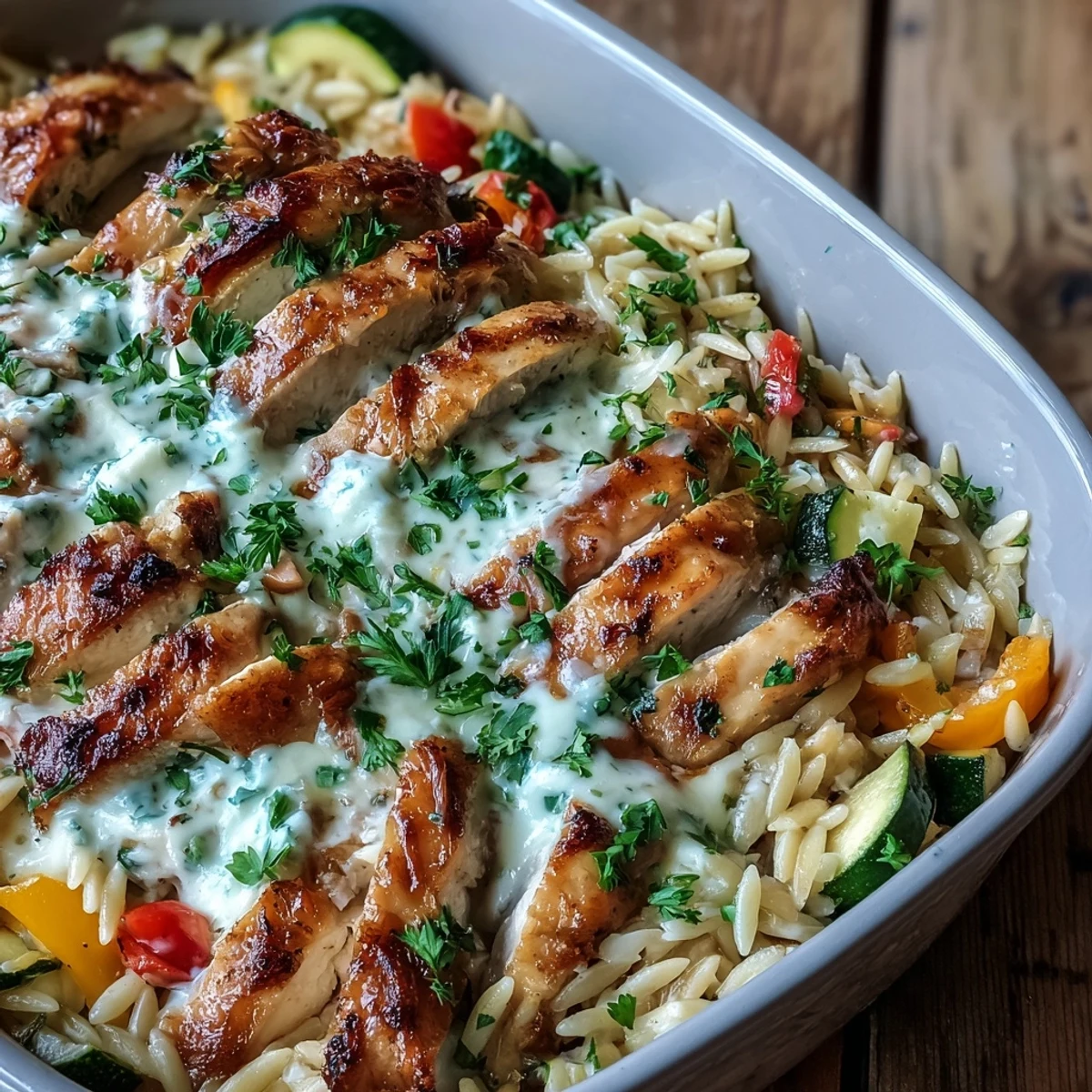 Eine dampfende Schüssel Boursin Orzo Auflauf: Hähnchen & Gemüse Freude, voller saftiger Paprika und Zucchini-Stücke.