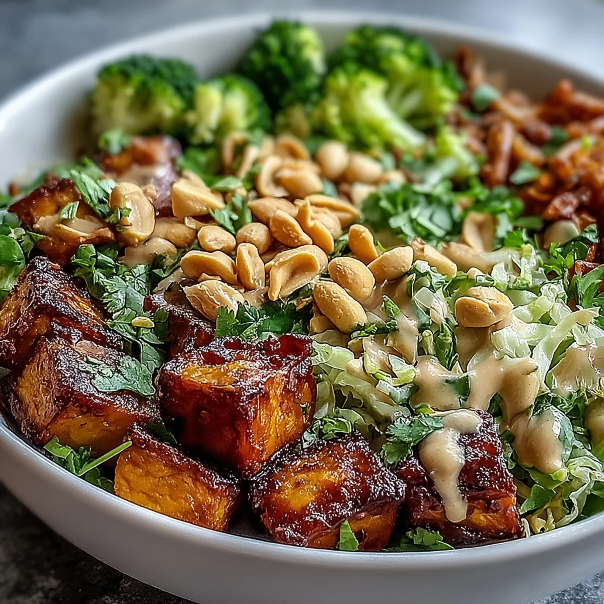 Geröstete Süßkartoffeln im Thai Peanut Sweet Potato Buddha Bowl mit knackigem Gemüse und frischer Koriandergarnitur