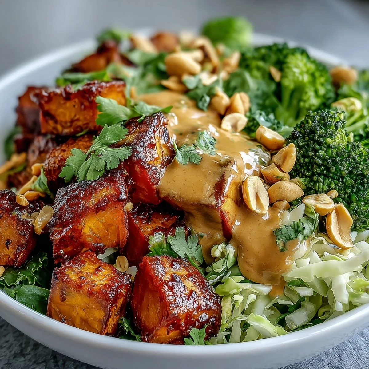 Frisch angerichteter Thai Peanut Sweet Potato Buddha Bowl mit goldbraunen Süßkartoffeln, Brokkoli und gerösteten Erdnüssen garniert