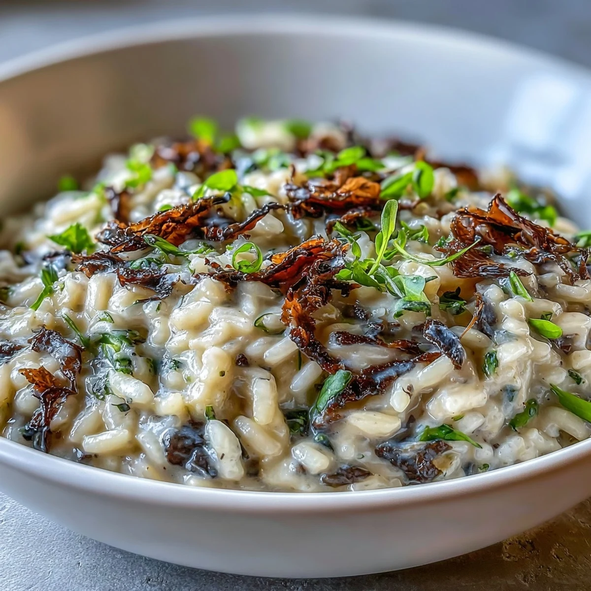 Creamy Truffle Risotto with Pea Shoots garnished in a rustic white bowl