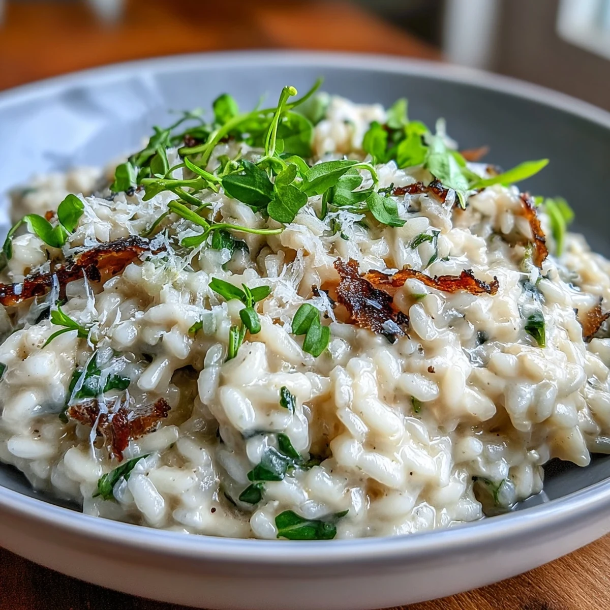 Truffle Risotto with Pea Shoots topped with shaved truffle and fresh greens