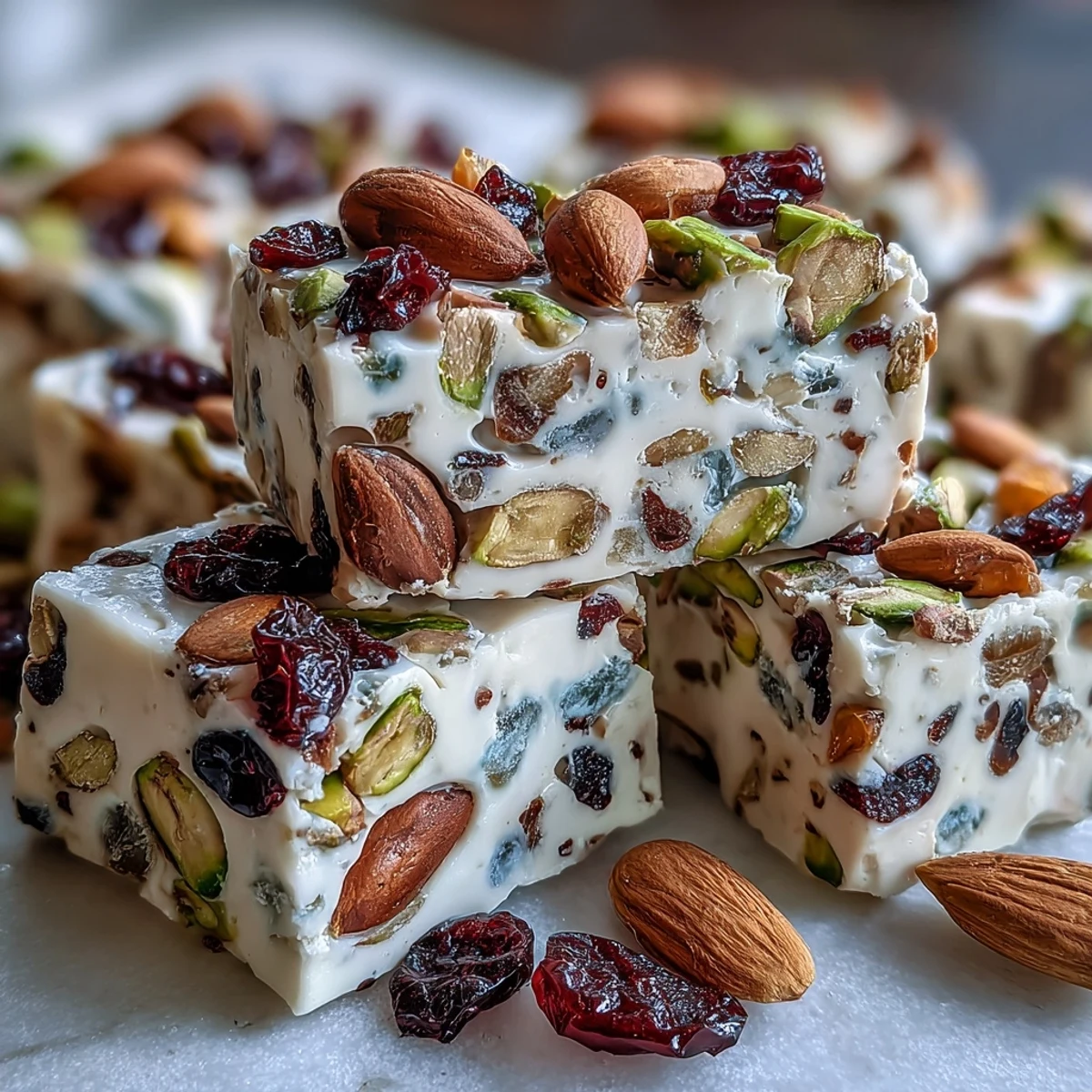 A close-up of Pistachio Nougat Candy slices on a wooden board with espresso in the background.