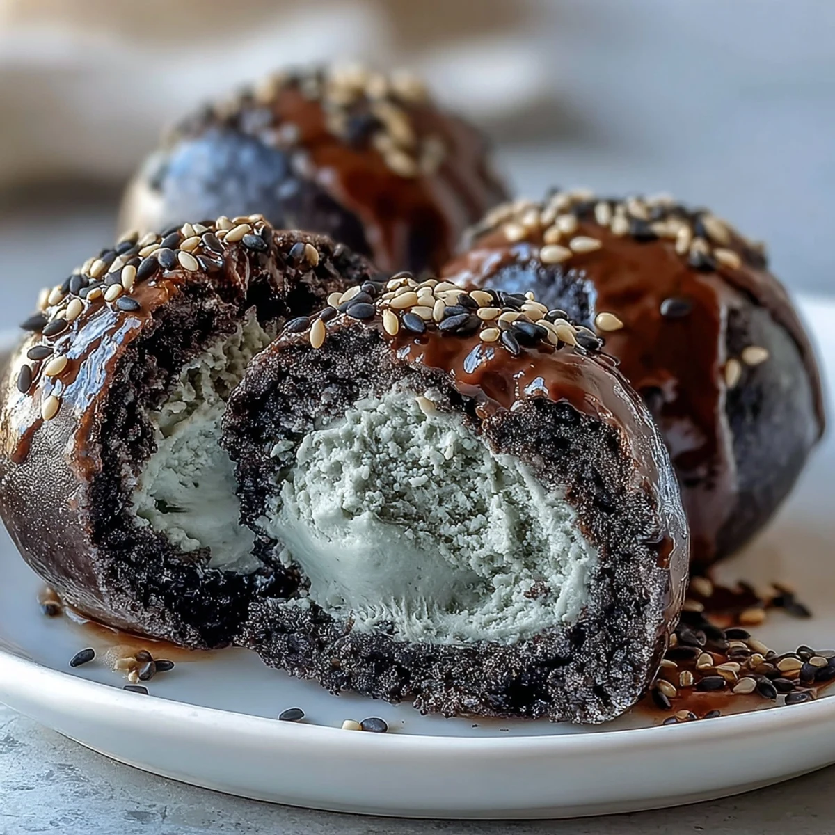 Ein weiches Black Sesame Mochi Ice Cream, umhüllt von glattem Mochiteig und mit nussigem schwarzen Sesamcreme gefüllt.