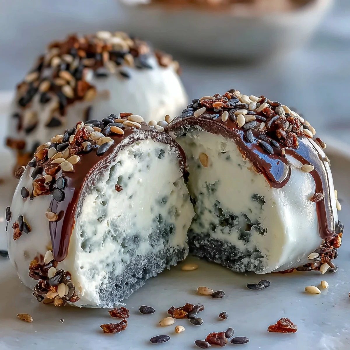 Ein frisch gefrorenes Black Sesame Mochi Ice Cream mit zarter Schicht aus Maisstärke und hauchdünnem Mochiteig.