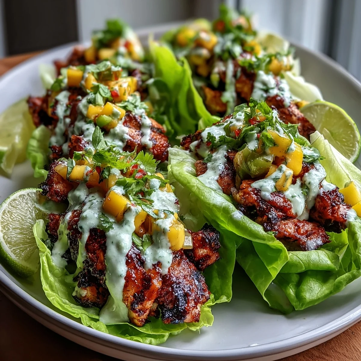 Spicy Jerk Chicken Lettuce Cups filled with juicy chicken, fresh mango salsa, and creamy coconut crema, perfect for a light meal.