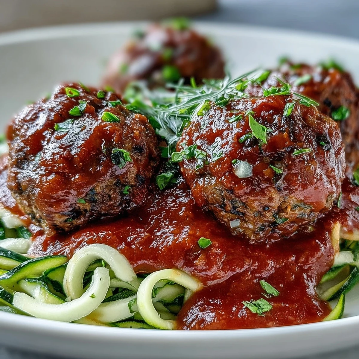 Vegan Smoky Lentil Meatball Marinara over Zucchini Noodles garnished with fresh basil and vegan parmesan