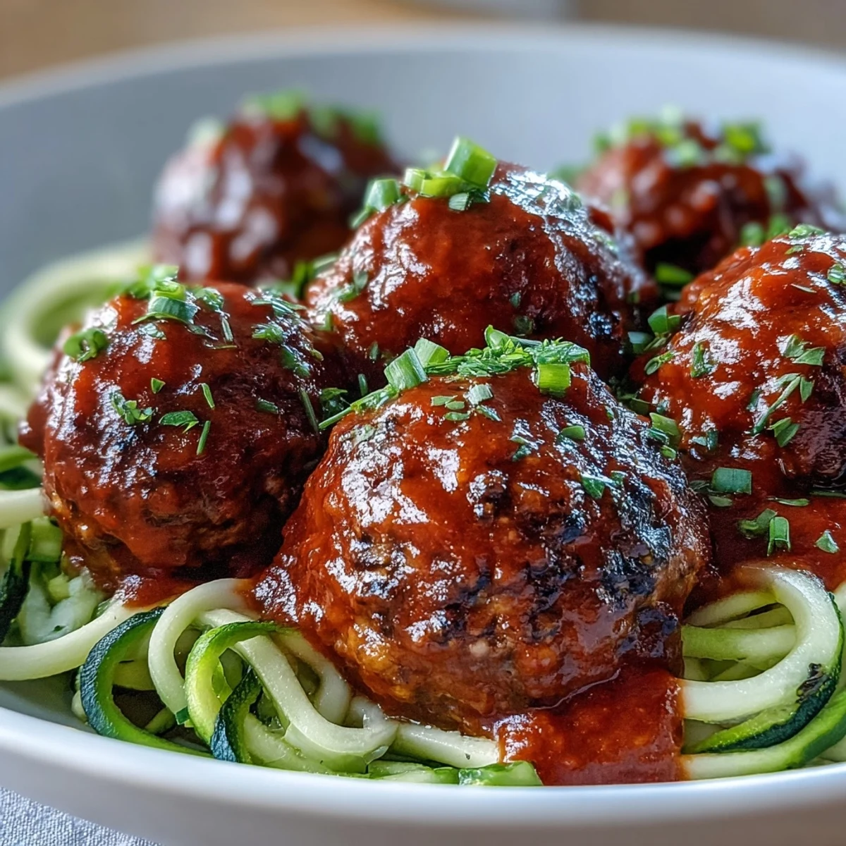 Vegan Smoky Lentil Meatball Marinara simmering in rich red sauce over tender zucchini noodles