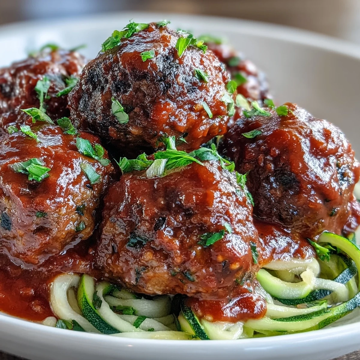 Golden baked Vegan Smoky Lentil Meatball Marinara served family-style on a bed of zucchini noodles