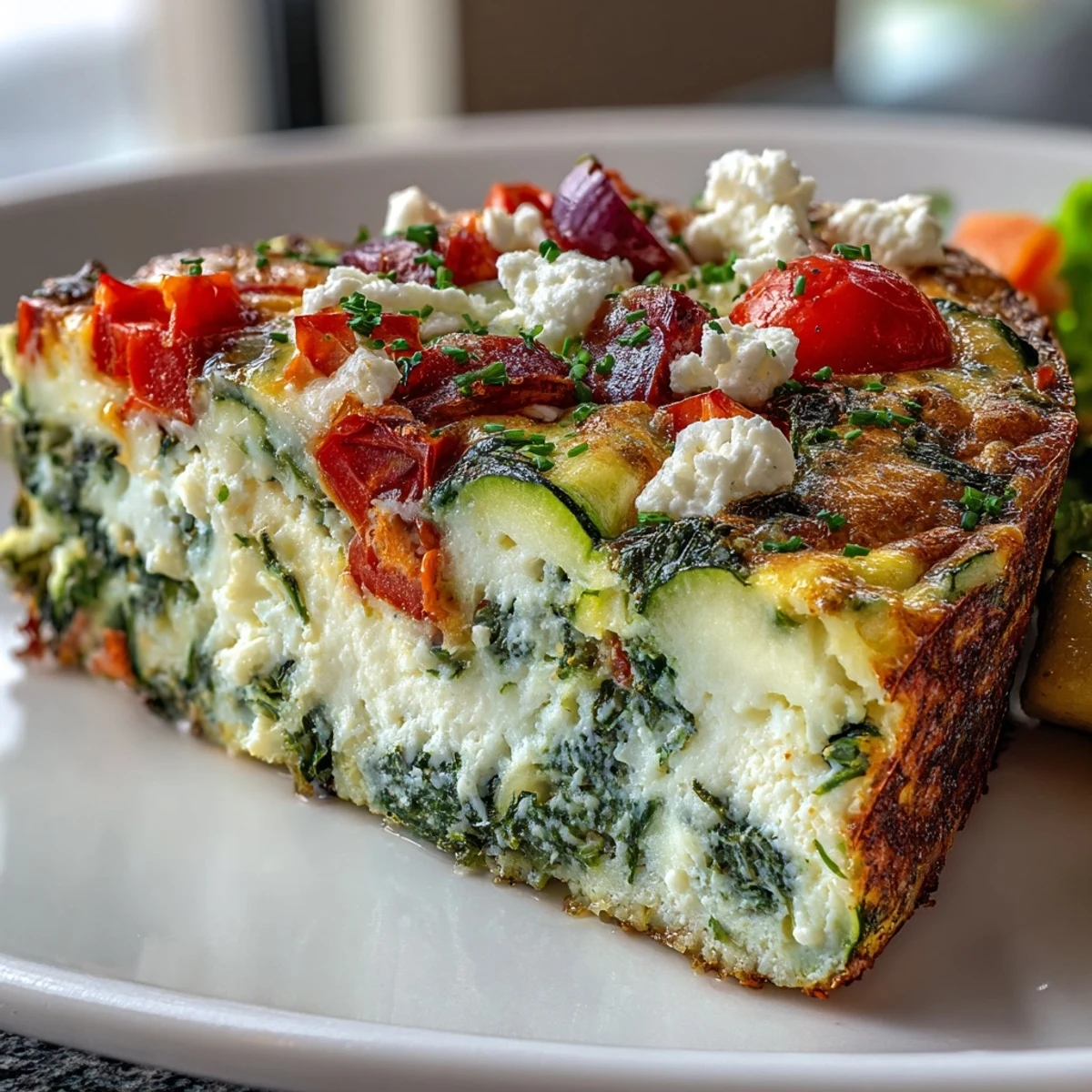 Sliced High-Volume Veggie-Packed Egg White Frittata showing broccoli, spinach, and bell peppers on a rustic wooden plate.