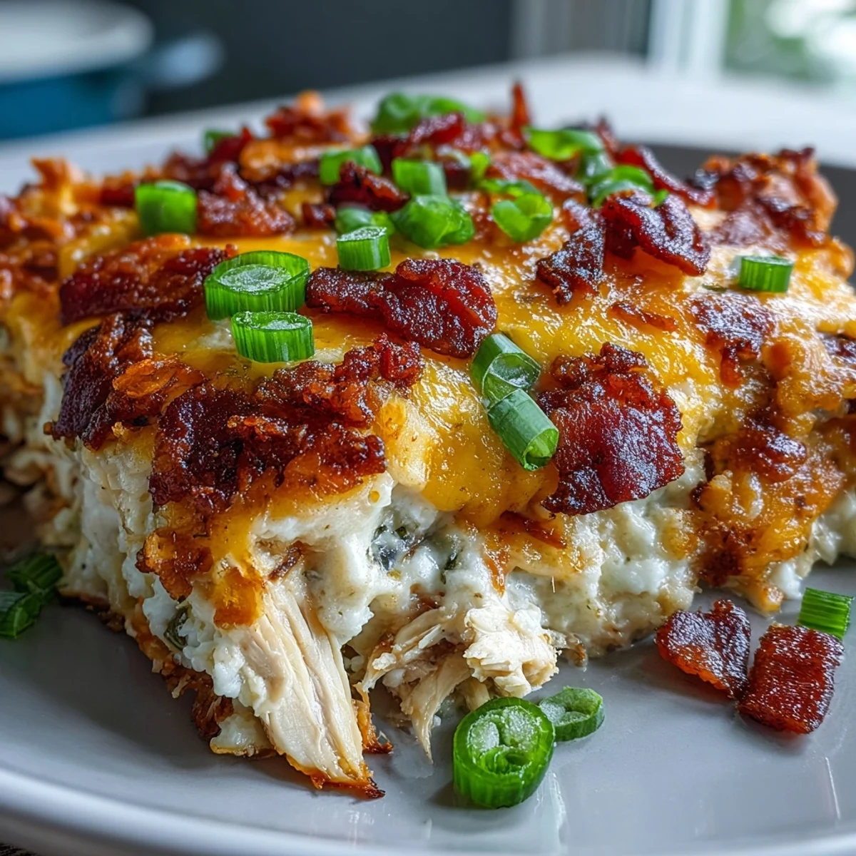 Cremiges Keto Jalapeño Popper Chicken Casserole mit Blumenkohlreis aus Auflaufform, goldbraun gebacken und dampfend serviert.