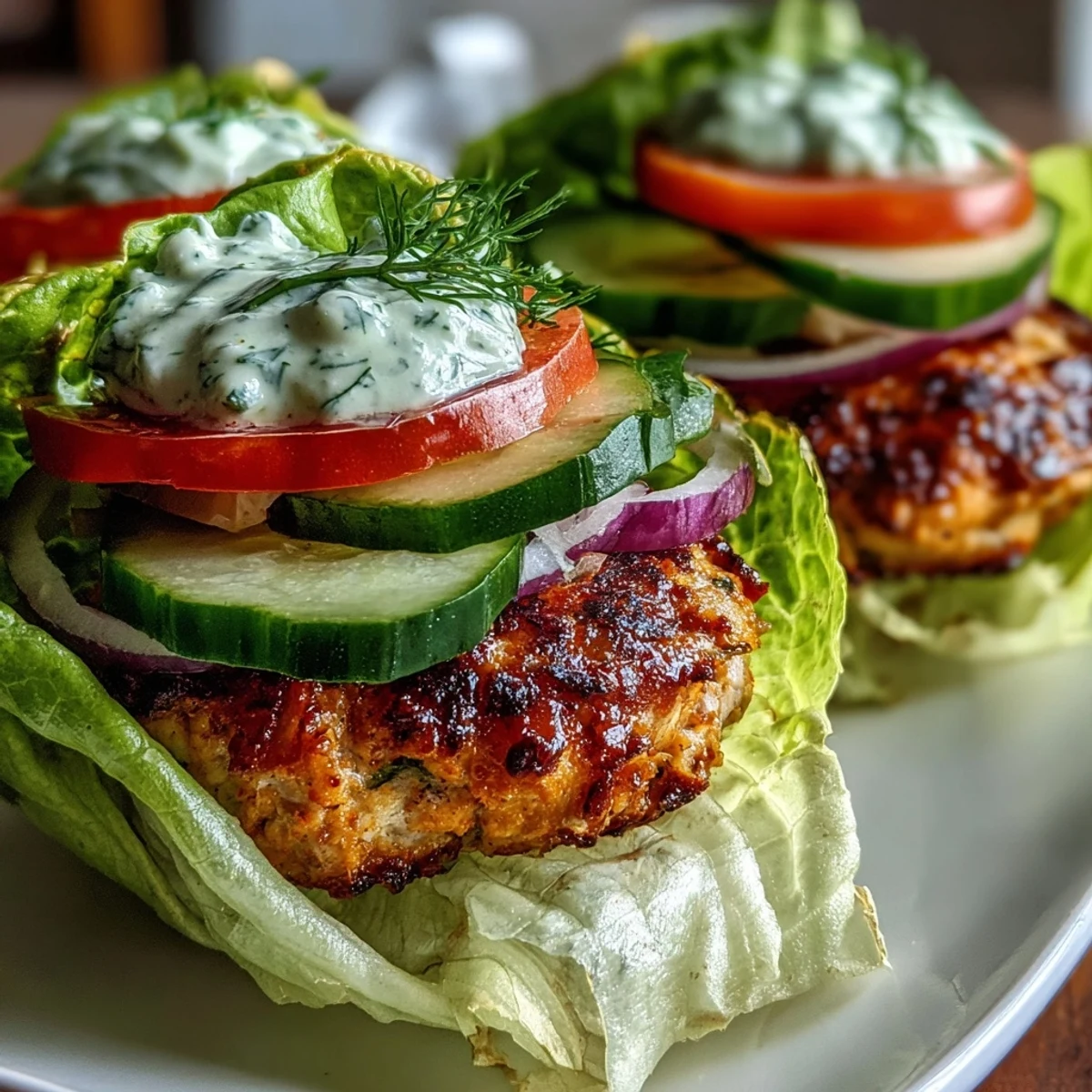 Crisp butter lettuce holds a juicy turkey patty for Lightened-Up Turkey Burger Lettuce Wraps with Avocado Ranch