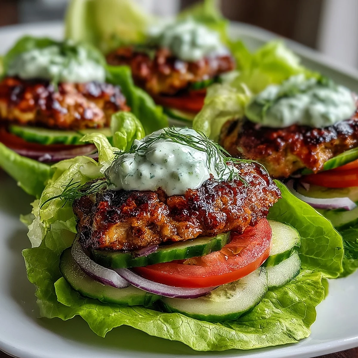 Freshly sliced tomato and cucumber top Lightened-Up Turkey Burger Lettuce Wraps with Avocado Ranch and creamy dressing
