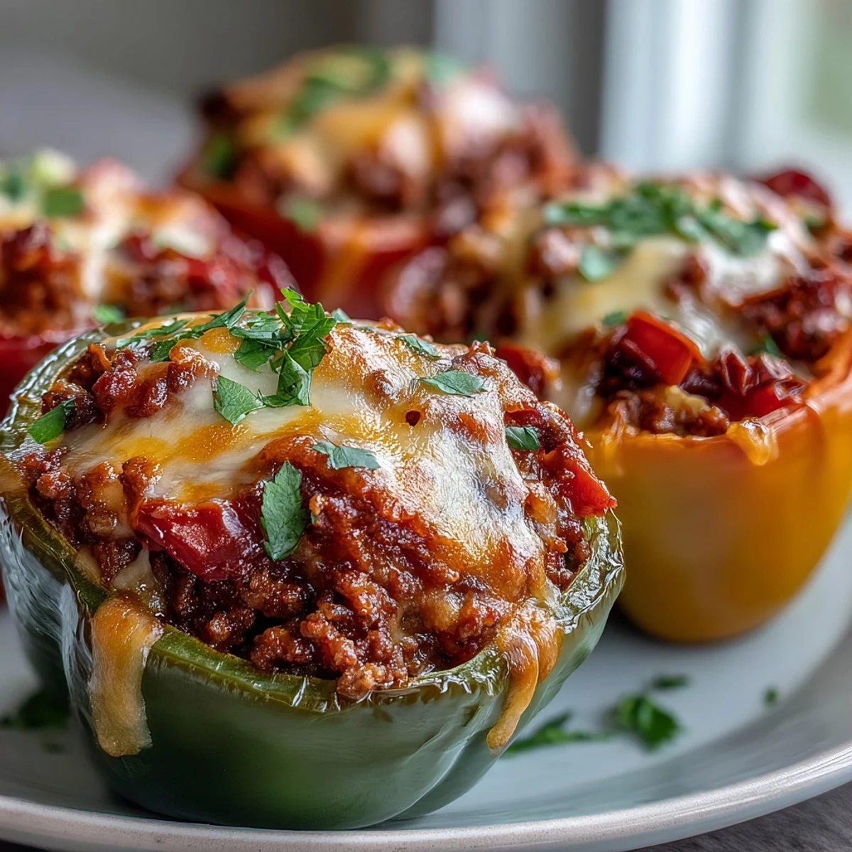 Baked Keto Taco Stuffed Bell Peppers topped with melted cheddar cheese and fresh cilantro on a rustic table.