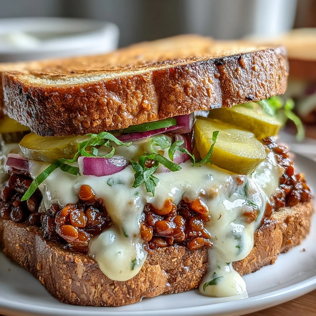 Savory lentil sloppy joes with vegan cheese sauce melting over crisp toasted sourdough bread slices.