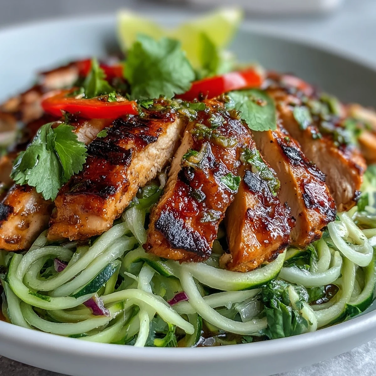 Summer Detox Cucumber Noodle Salad topped with juicy Chili-Lime Grilled Chicken beside creamy avocado and a lime wedge.