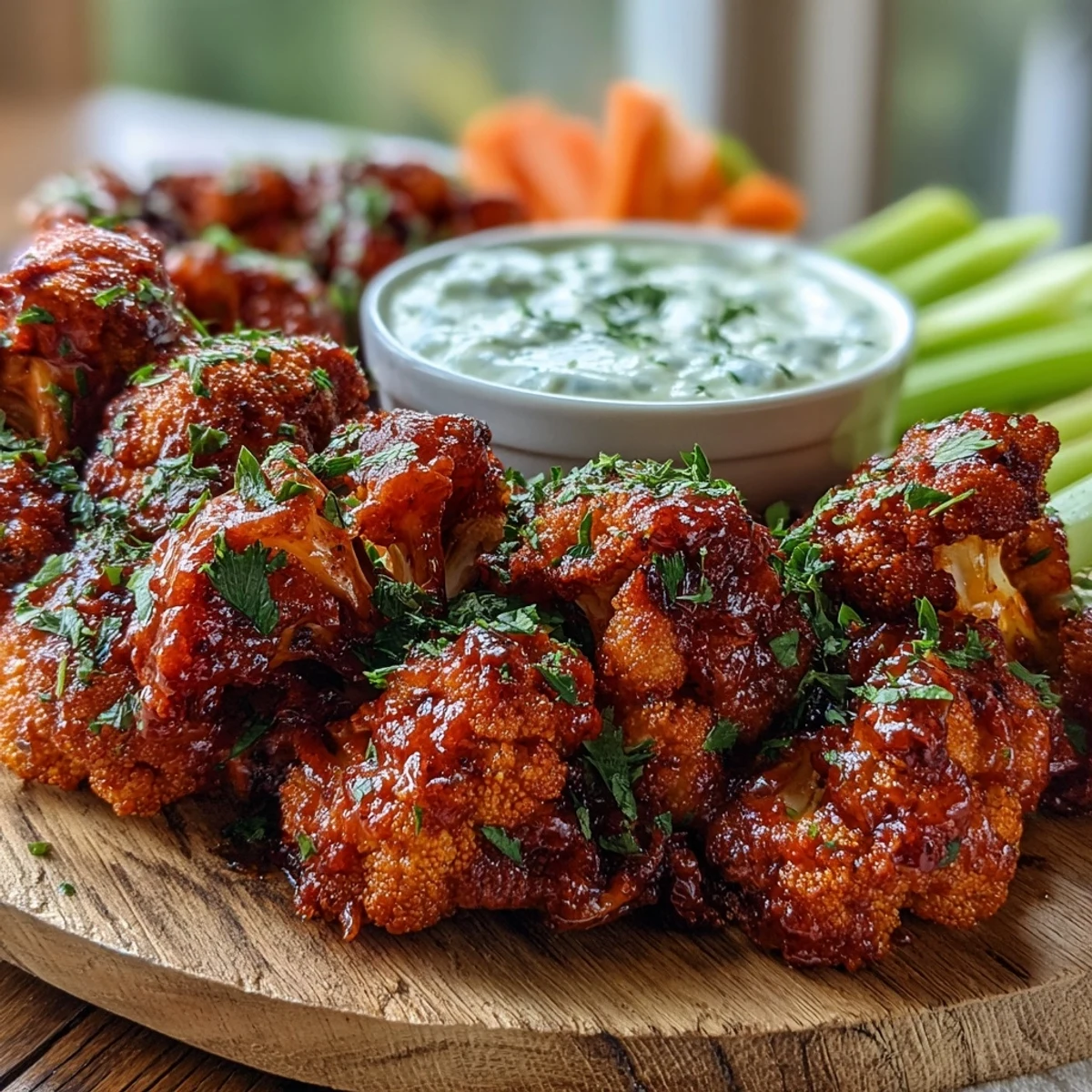 Genieße diese Keto Buffalo Cauliflower Wings with Ranch Yogurt Dip, perfekt für Party-Appetizer, mit knusprigen Rändern und cremigem, würzigem Dip.