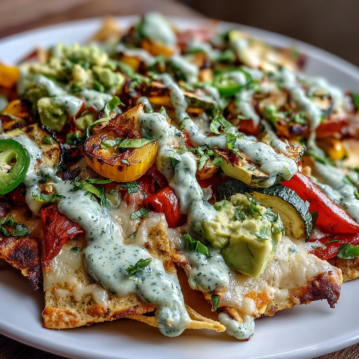 Crispy tortilla chips topped with roasted vegetables, salsa verde, and cashew queso for a vegan party platter.