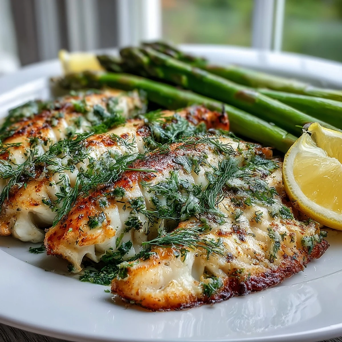Serving of Lemon Herb Tilapia with Steamed Asparagus and lemon wedges on a rustic wooden table.