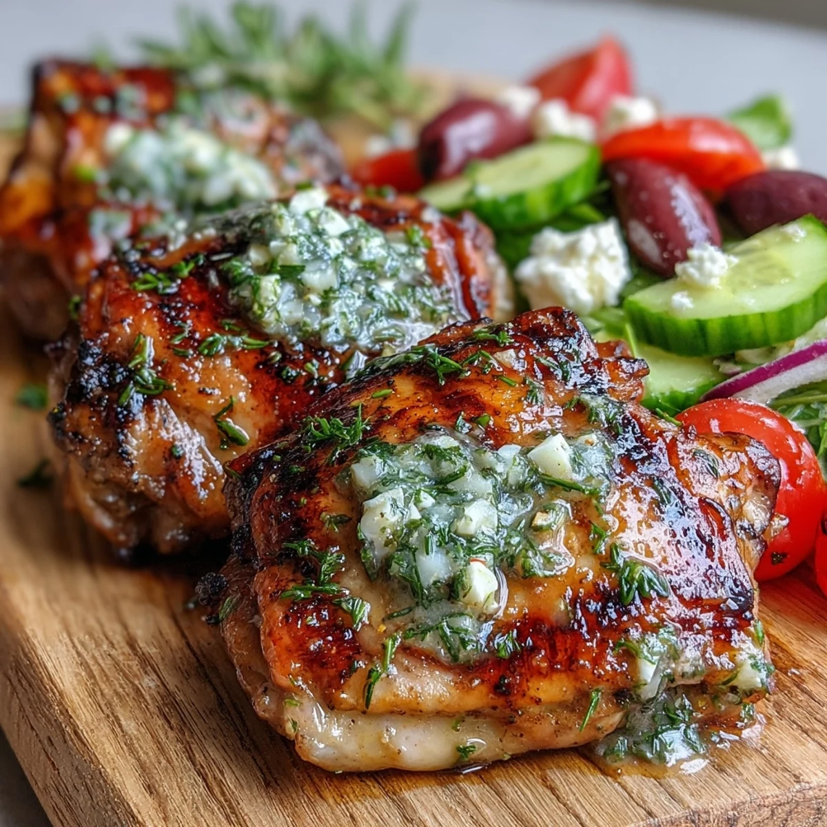 Grilled Lemon Herb Chicken Thighs with Greek Salad: Tender grilled chicken beside a colorful bowl of fresh Mediterranean salad.