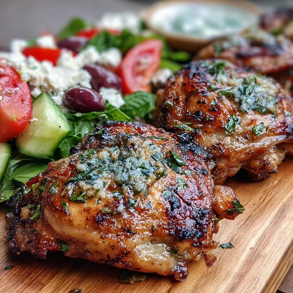 Grilled Lemon Herb Chicken Thighs with Greek Salad: Juicy sliced chicken served over vibrant Greek salad, ready for a summer dinner.