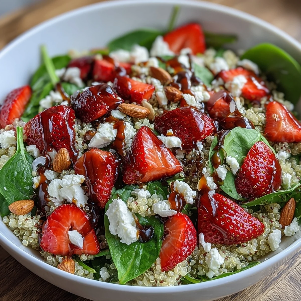 Slices of ripe strawberries and baby spinach on fluffy quinoa, drizzled with tangy balsamic vinaigrette and topped with almonds.