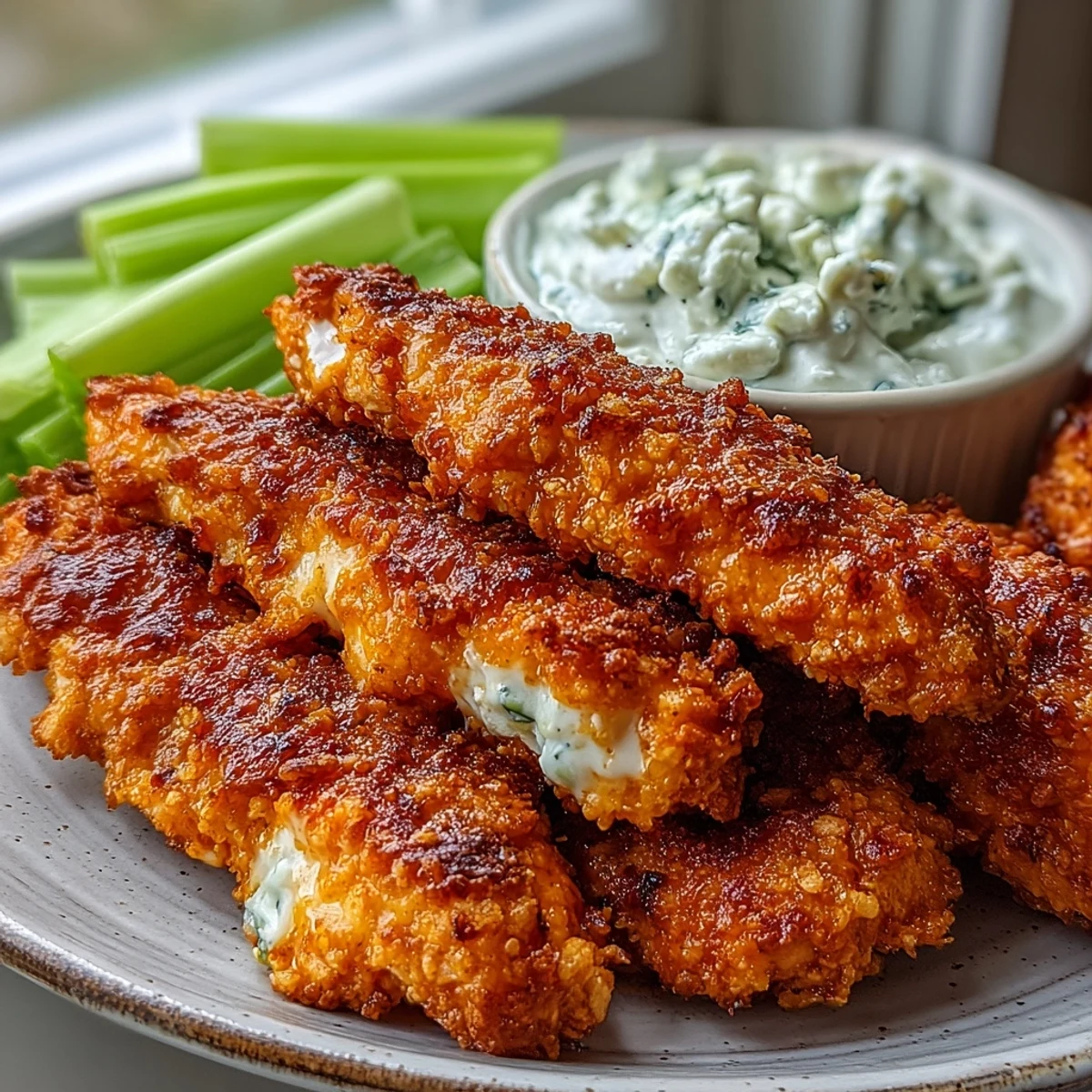 Keto Buffalo Ranch Chicken Tenders mit Celery Sticks auf einem rustikalen Holztisch, frisch aus dem Ofen und goldbraun gebacken.