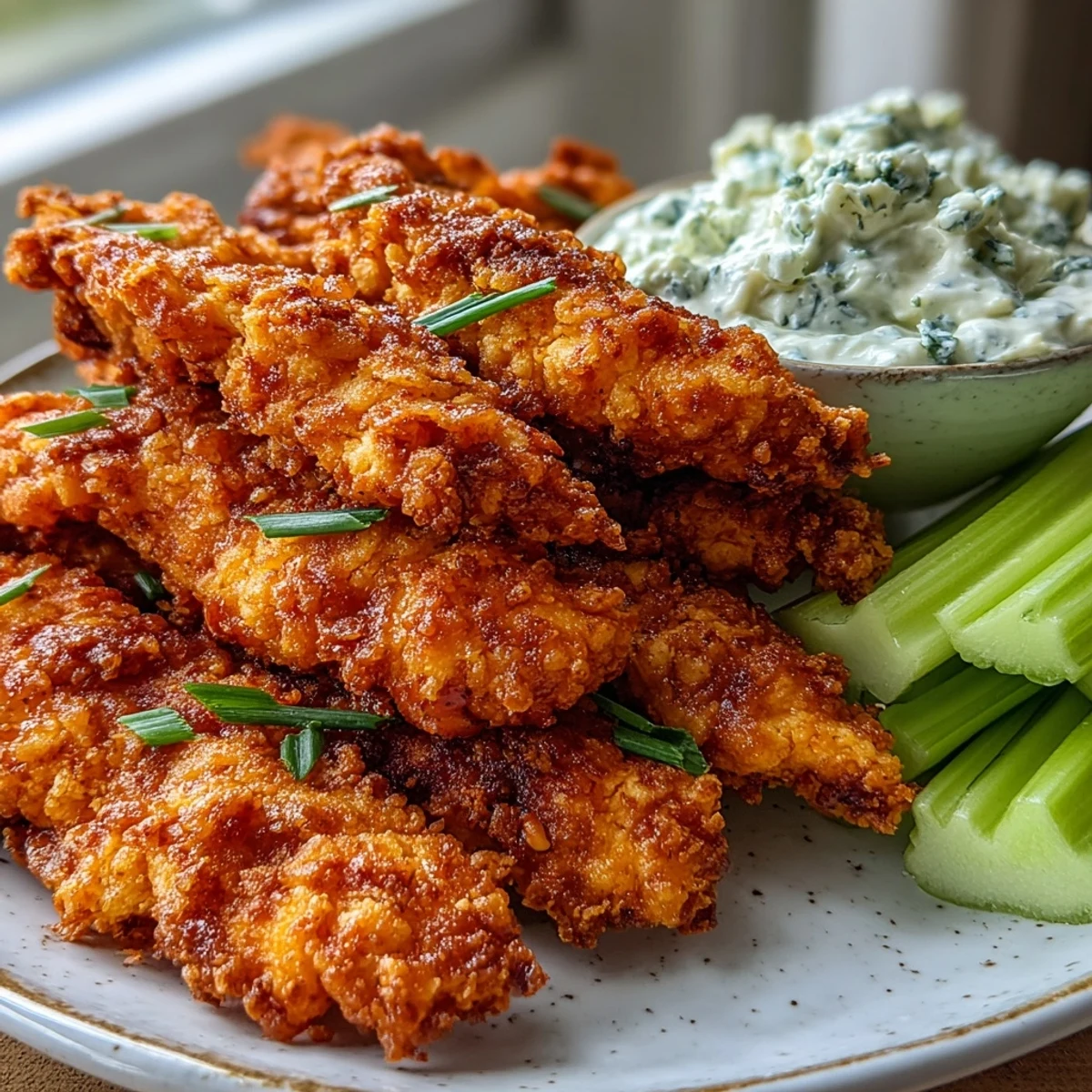 Keto Buffalo Ranch Chicken Tenders mit Celery Sticks und cremiger Ranch-Dip, perfekt für eine scharfe, kohlenhydratarme Mahlzeit.