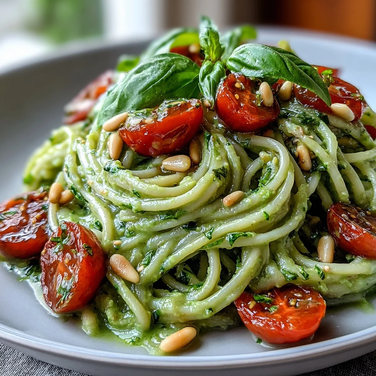 Vegan Creamy Avocado Lime Pasta with Cherry Tomatoes served in a white bowl, topped with fresh basil and toasted pine nuts.
