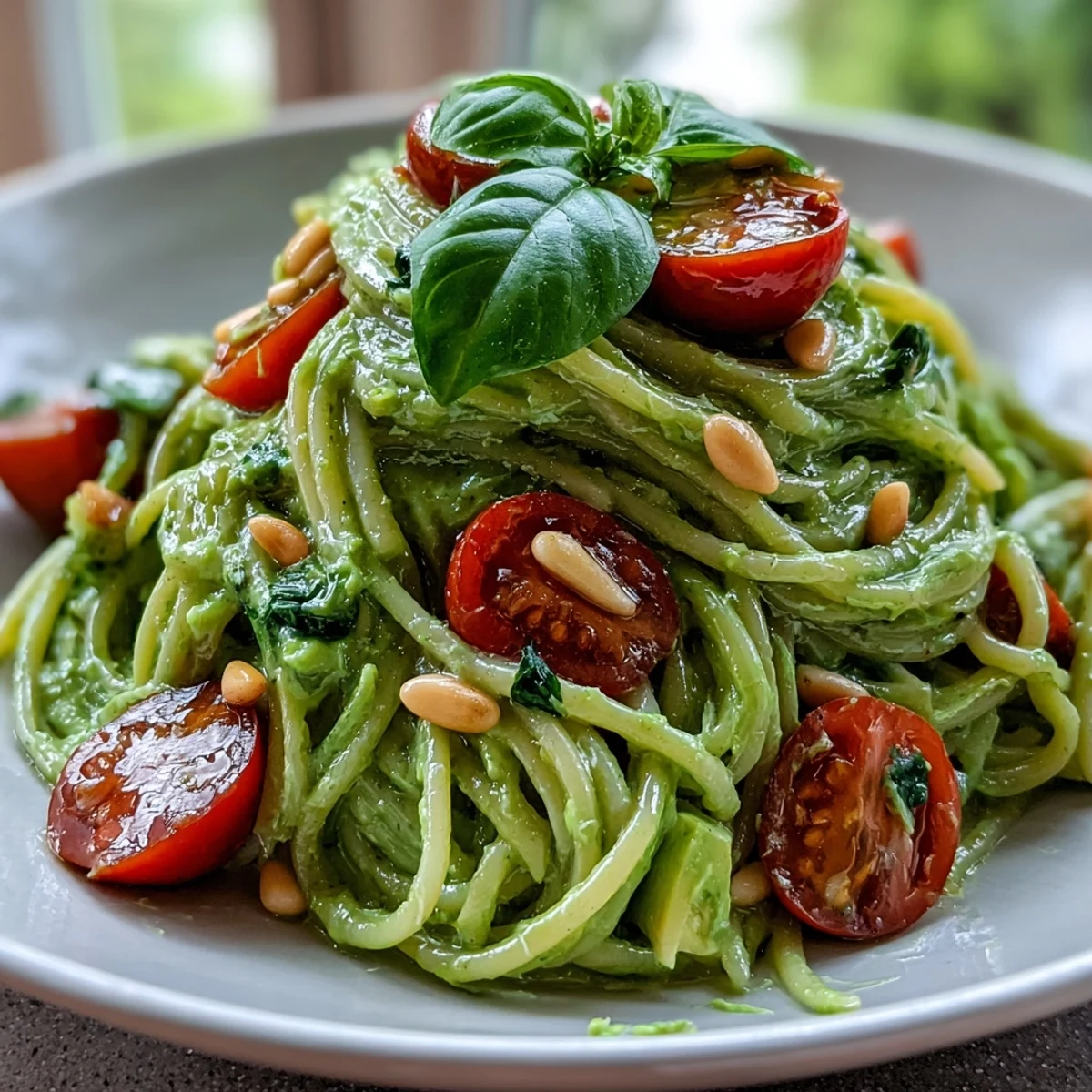 Close-up of Vegan Creamy Avocado Lime Pasta with Cherry Tomatoes, highlighting glossy green sauce and juicy halved tomatoes.