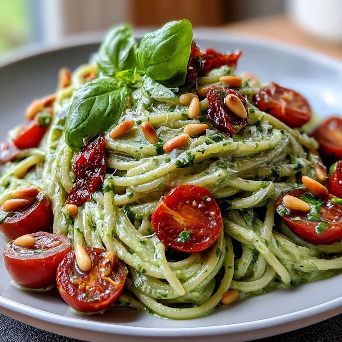 Spoon twirling Vegan Creamy Avocado Lime Pasta with Cherry Tomatoes, plated beside a glass of white wine for dinner.