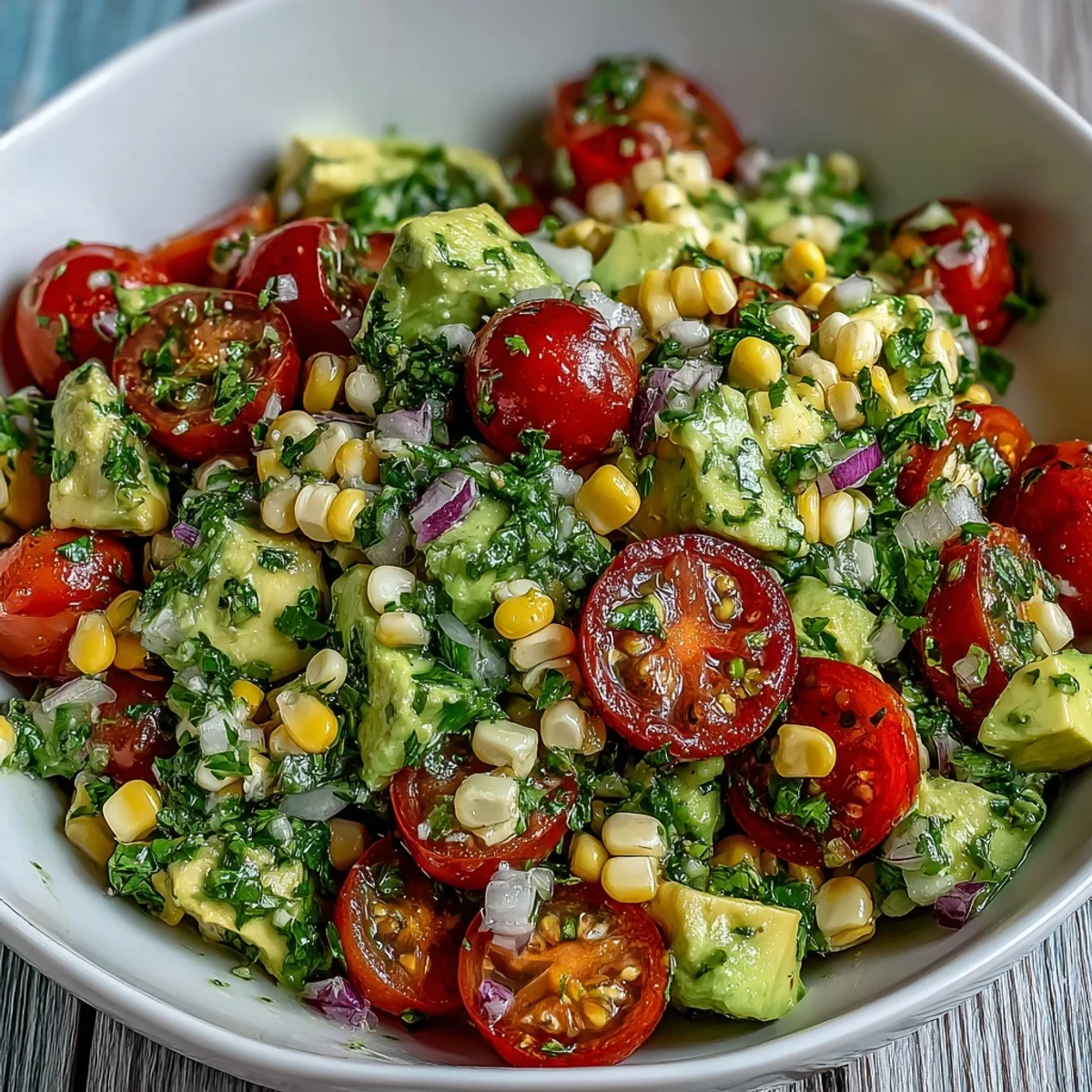 Fresh Corn and Tomato Salad with Avocado and Lime in a white bowl with a spoon, lime wedges beside it, perfect as a summer side dish.