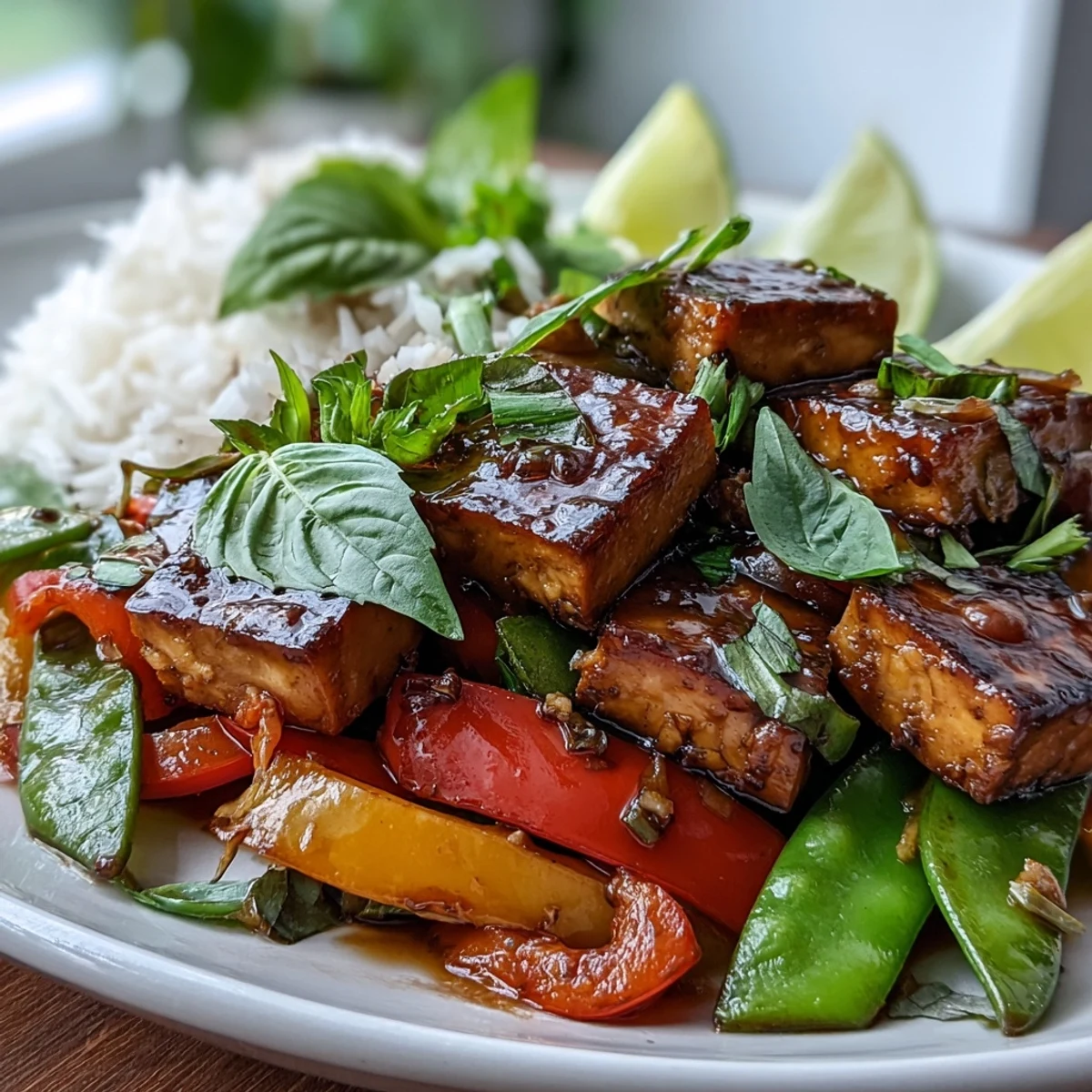 Farbiges Veggie-Tofu-Stir-Fry mit duftendem Thai-Basilikum und Jasminreis