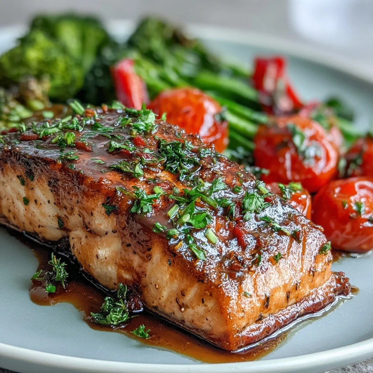 Saftige Lachsfilets mit glasierter Dijon-Senf-Soße und weichem, knusprigem Gemüse auf einem Ofenblech, serviert mit Zitronenscheiben.