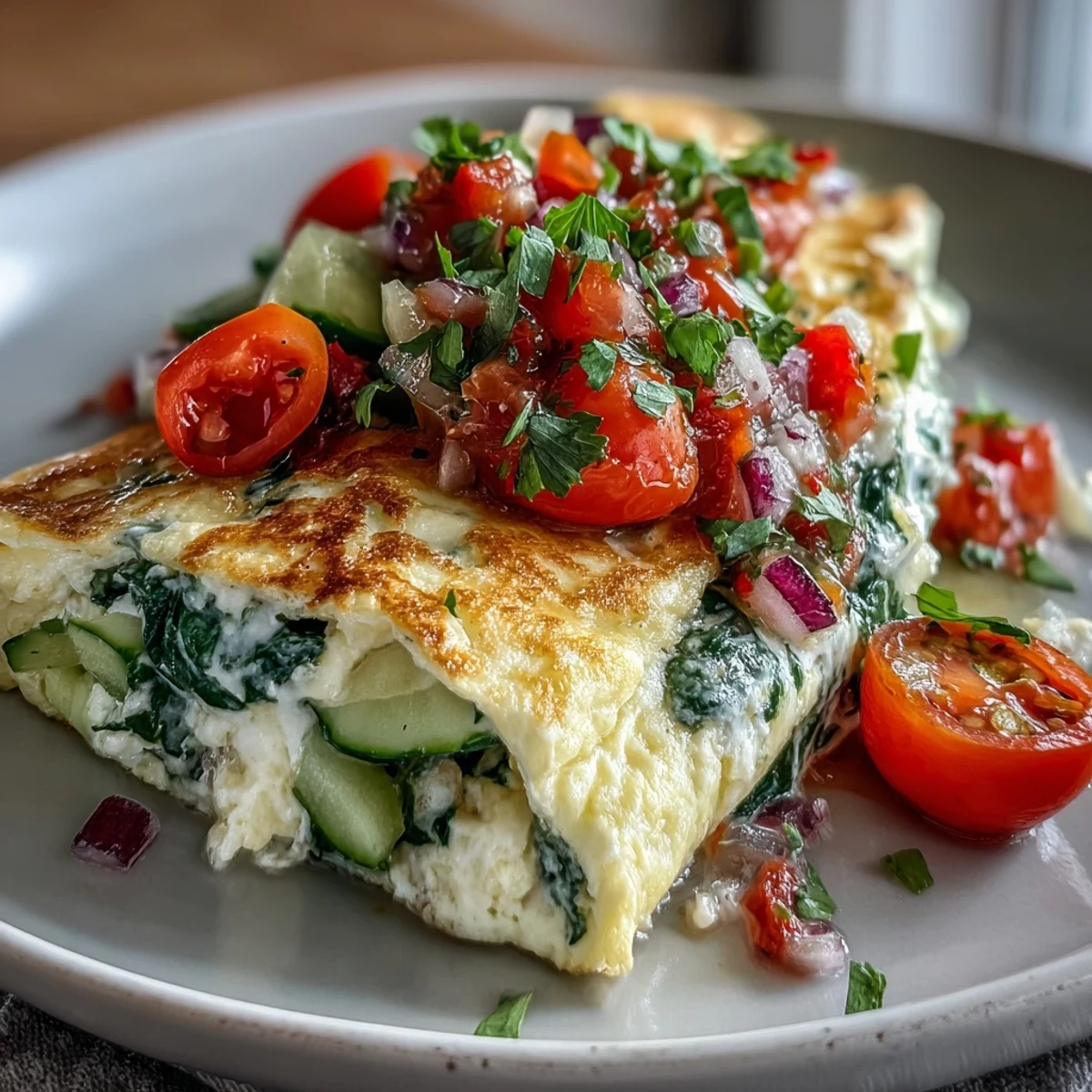 Fluffy Light Veggie Egg White Omelette mit buntem Gemüse und Salsa