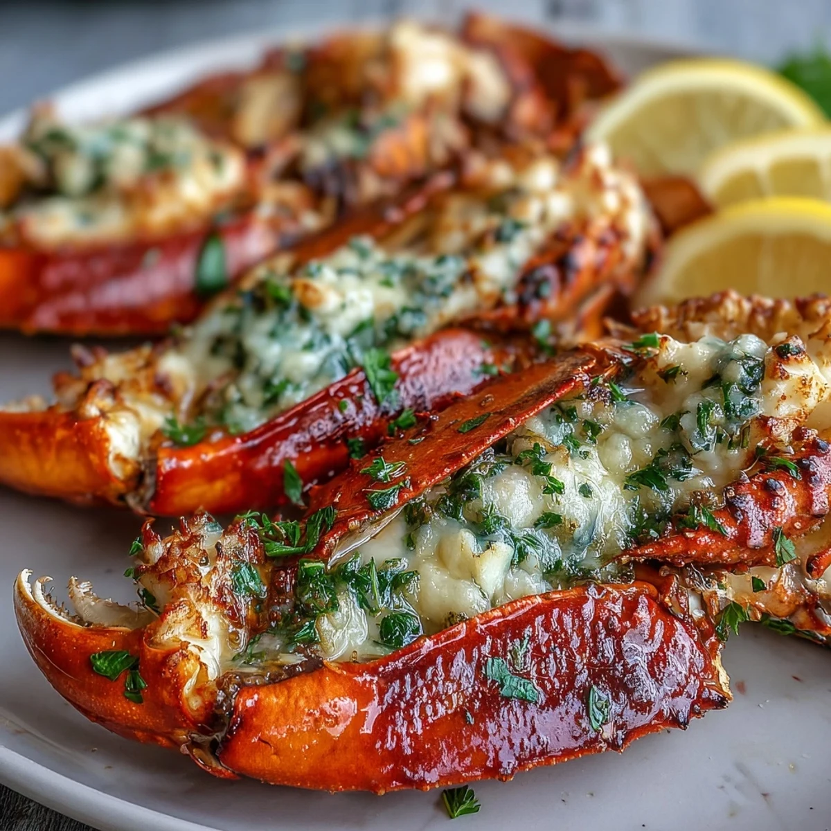 Saftige Keto Garlic Butter Crab Legs aus dem Ofen, garniert und mit Zitronenkeulen.