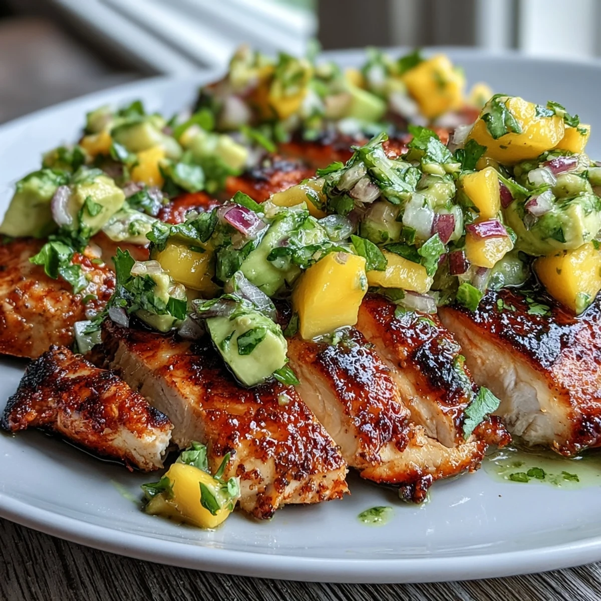 Close-up of Grilled Chicken with Mango Avocado Salsa, juicy slices with mango cubes and red onion garnish