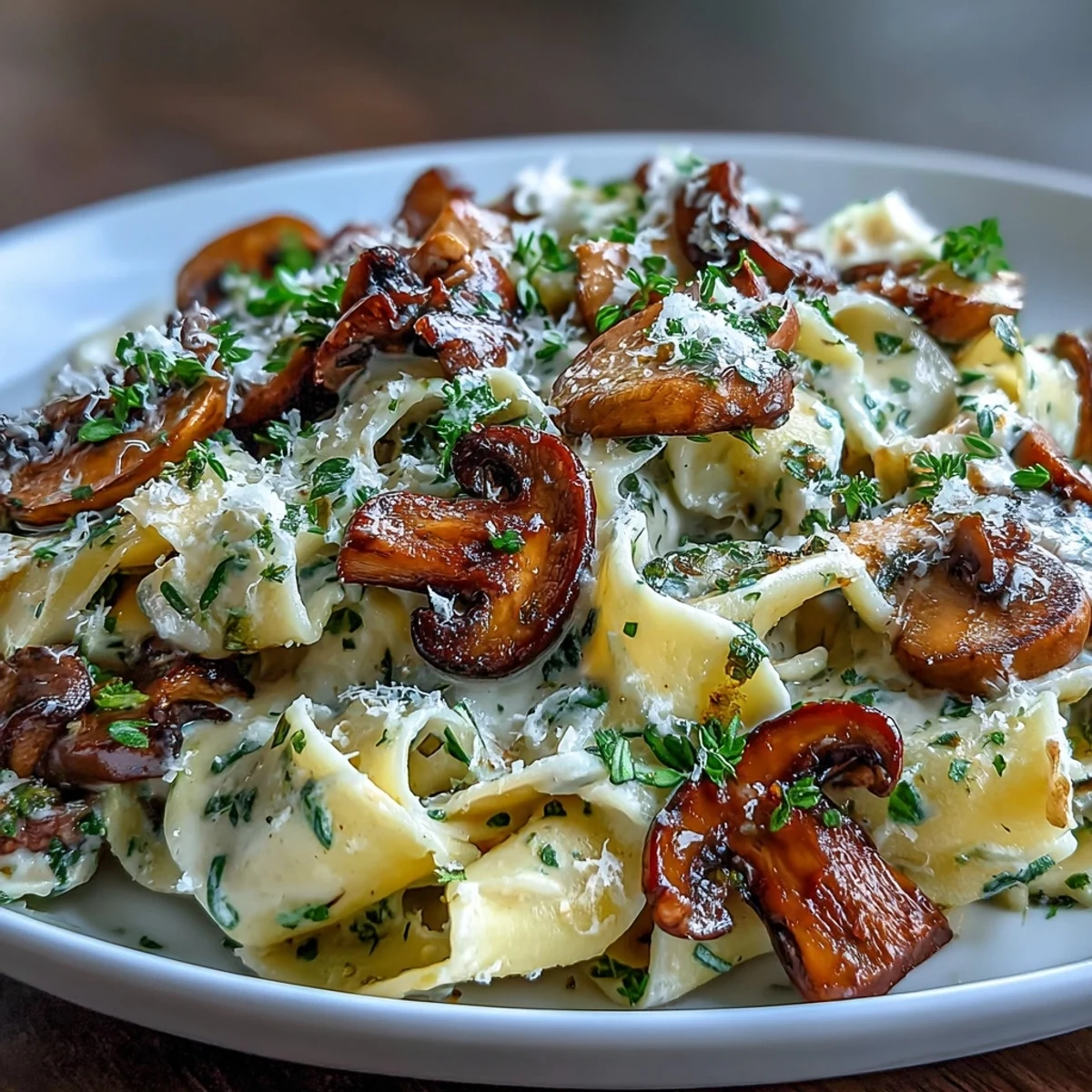Creamy One-Pot Mushroom Pasta mit zarten Pappardelle-Nudeln, sautierten Pilzen und Thymian in einer reichen Sahnesauce.