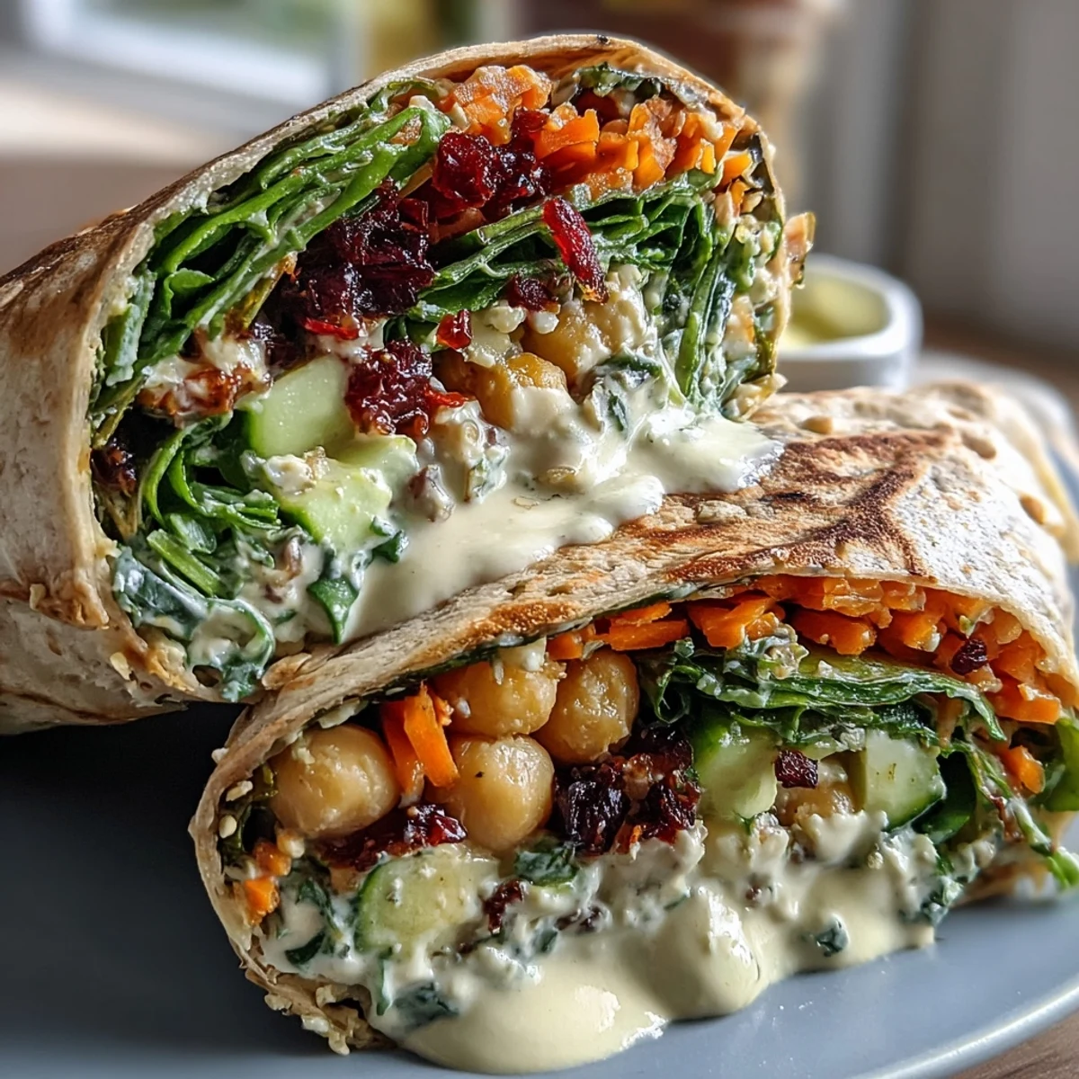 1. Zitroniger Tahini-Kichererbsensalat in Wraps, gefüllt mit knackigem Gemüse und cremiger Sauce – perfekt für ein leichtes Mittagessen.  
