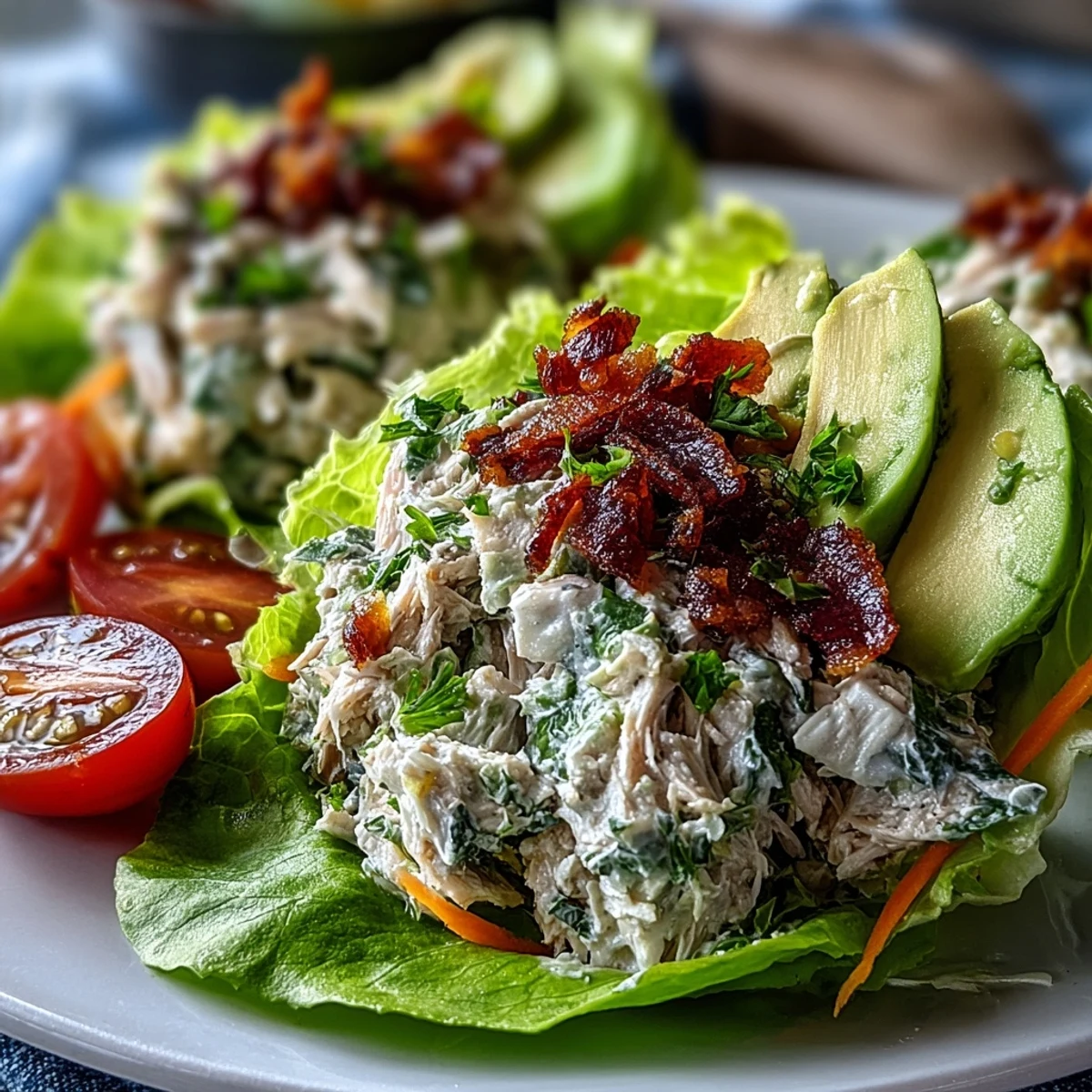 2. Bunter High-Protein Thunfischsalat mit Avocado und Tomaten, serviert in frischen Salatblättern für einen gesunden Genuss.  