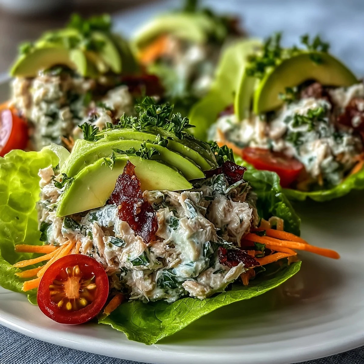 3. Cremiger High-Protein Thunfischsalat gefüllt in Salatherzen, garniert mit knackigem Gemüse für eine nährstoffreiche Mahlzeit.