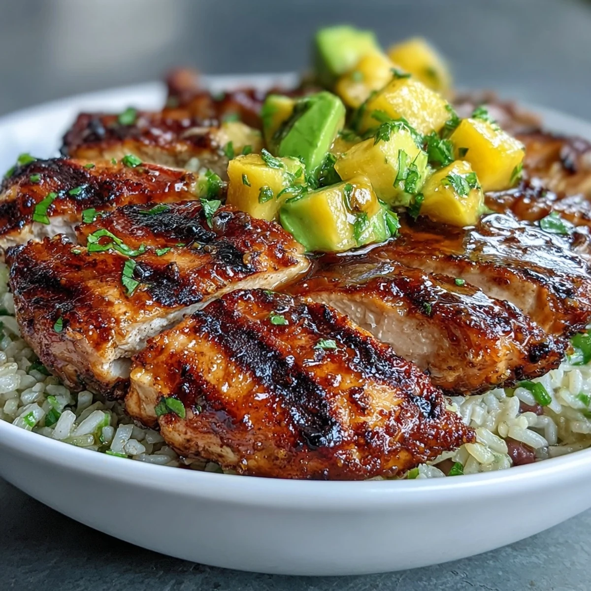 1. Farbenfrohe Mango-Avocado-Salsa-Hähnchen-Bowls mit braunem Reis und schwarzen Bohnen, ein frisches und nahrhaftes Gericht.