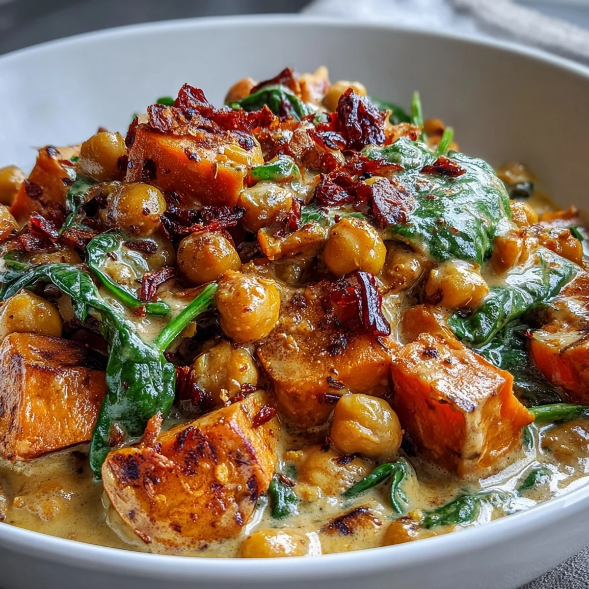Creamy Coconut Curry Chickpea Skillet mit Spinat und Süßkartoffeln in einer duftenden Kokosmilchsoße, perfekt für ein veganes Abendessen.