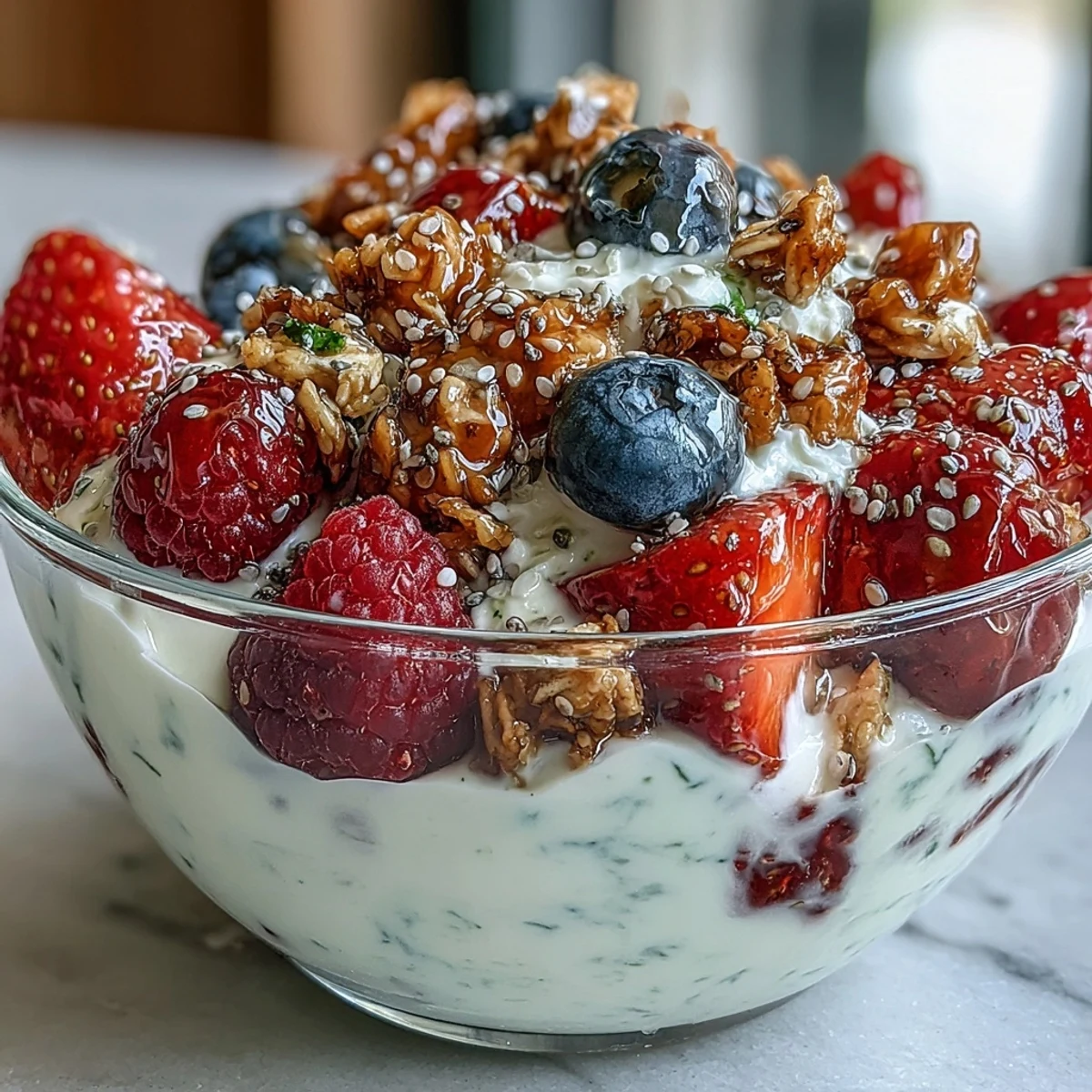 Ein schnelles und erfrischendes griechisches Joghurt-Beeren-Parfait mit knusprigem Granola für ein proteinreiches Frühstück.  