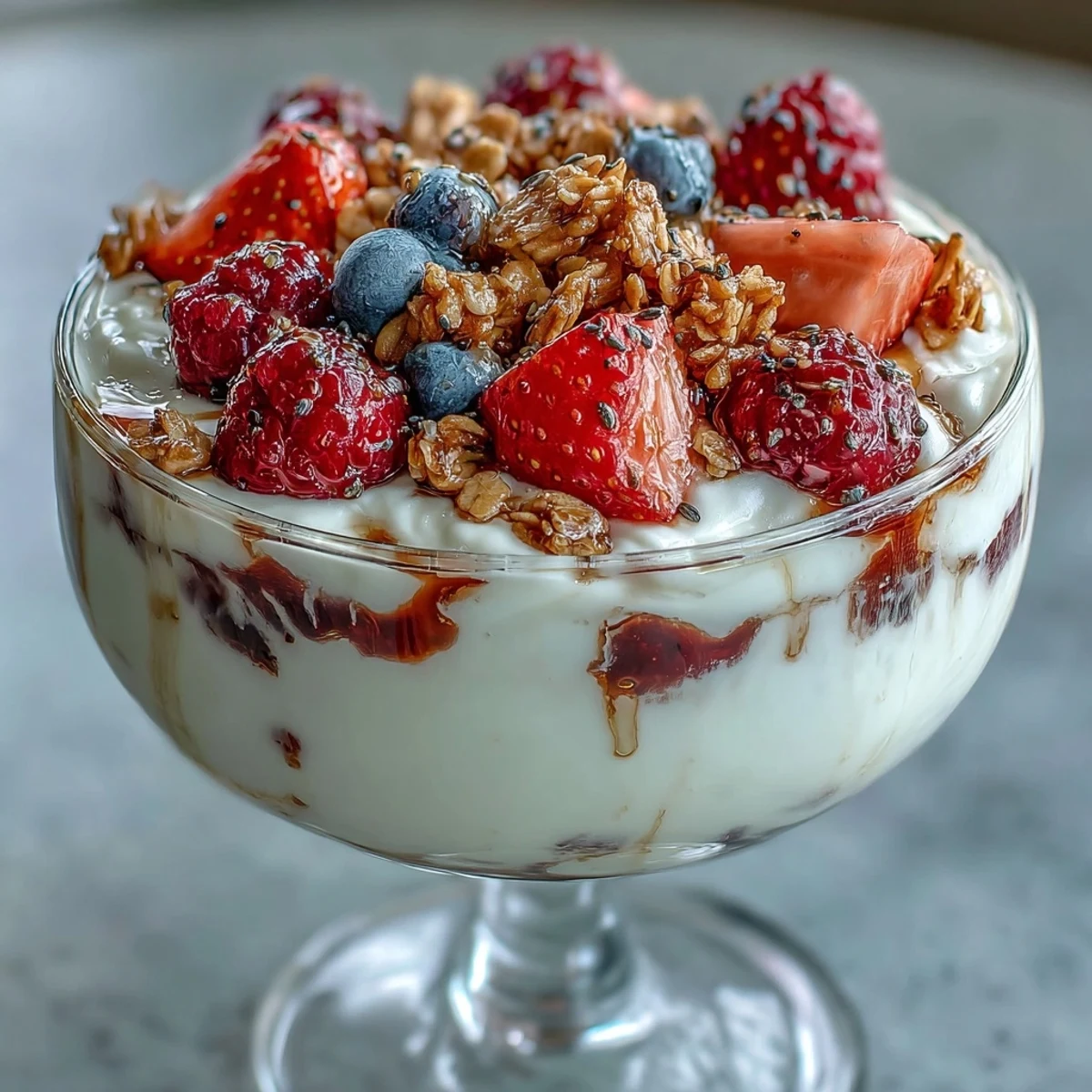 Gesundes, proteinreiches griechisches Joghurt-Beeren-Parfait mit frischen Früchten und knusprigem Granola-Topping.