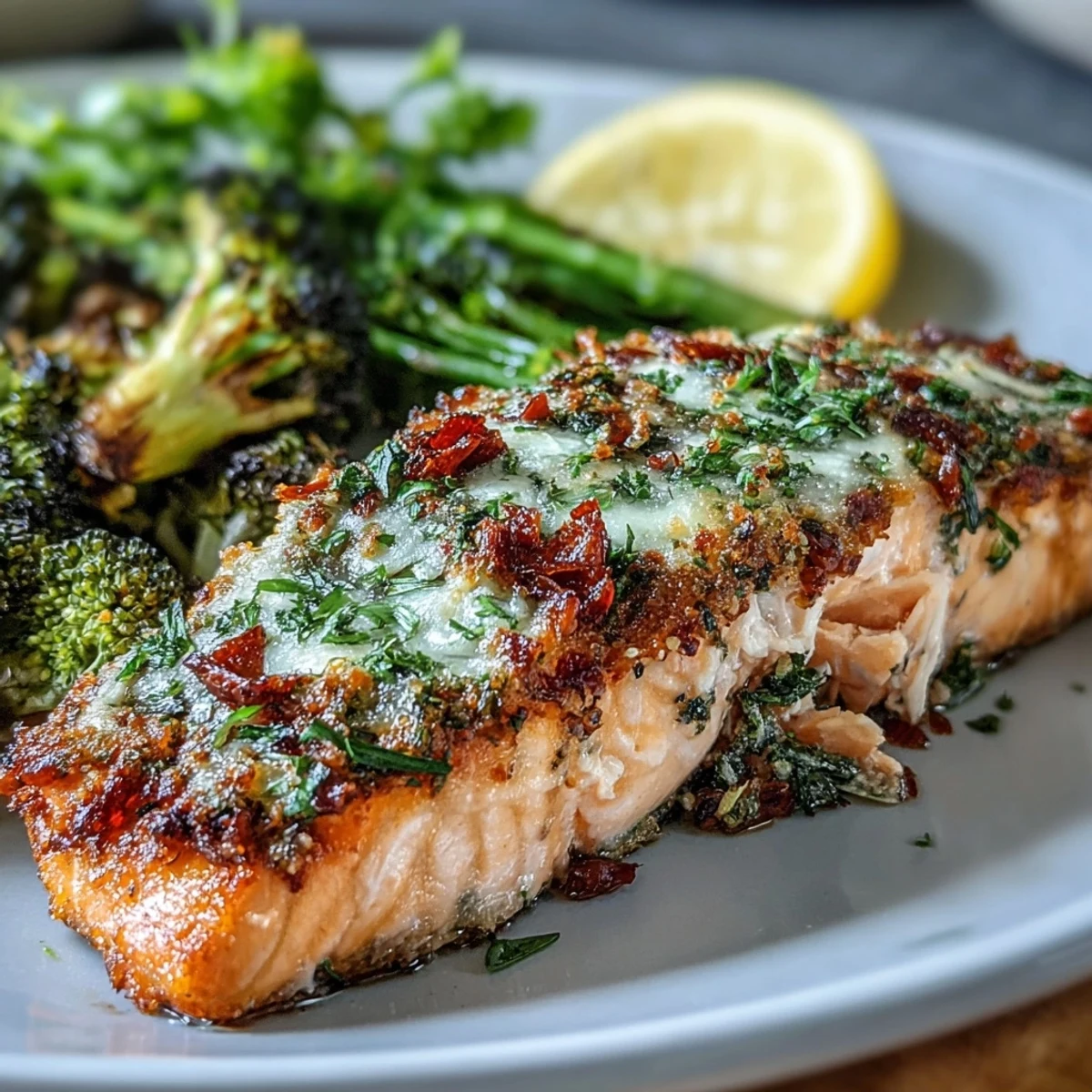 1. Zartes Keto-Lachsfilet mit knuspriger Knoblauch-Parmesan-Kruste, serviert mit geröstetem Brokkoli und frischen Zitronenspalten.  