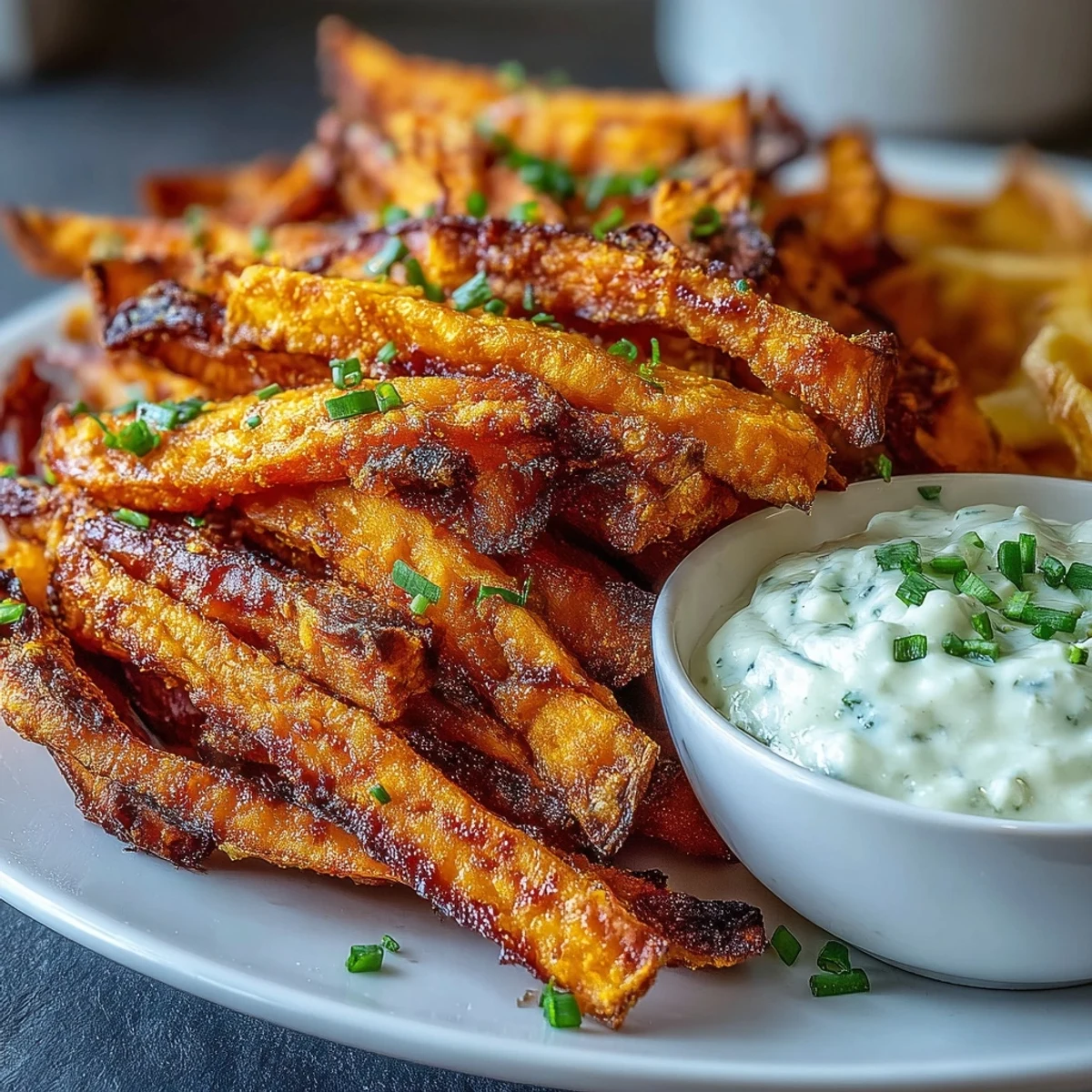 Luftgebratene Süßkartoffelstäbchen mit rauchiger Paprika-Note, perfekt kombiniert mit einem würzigen Zwiebeldip.  