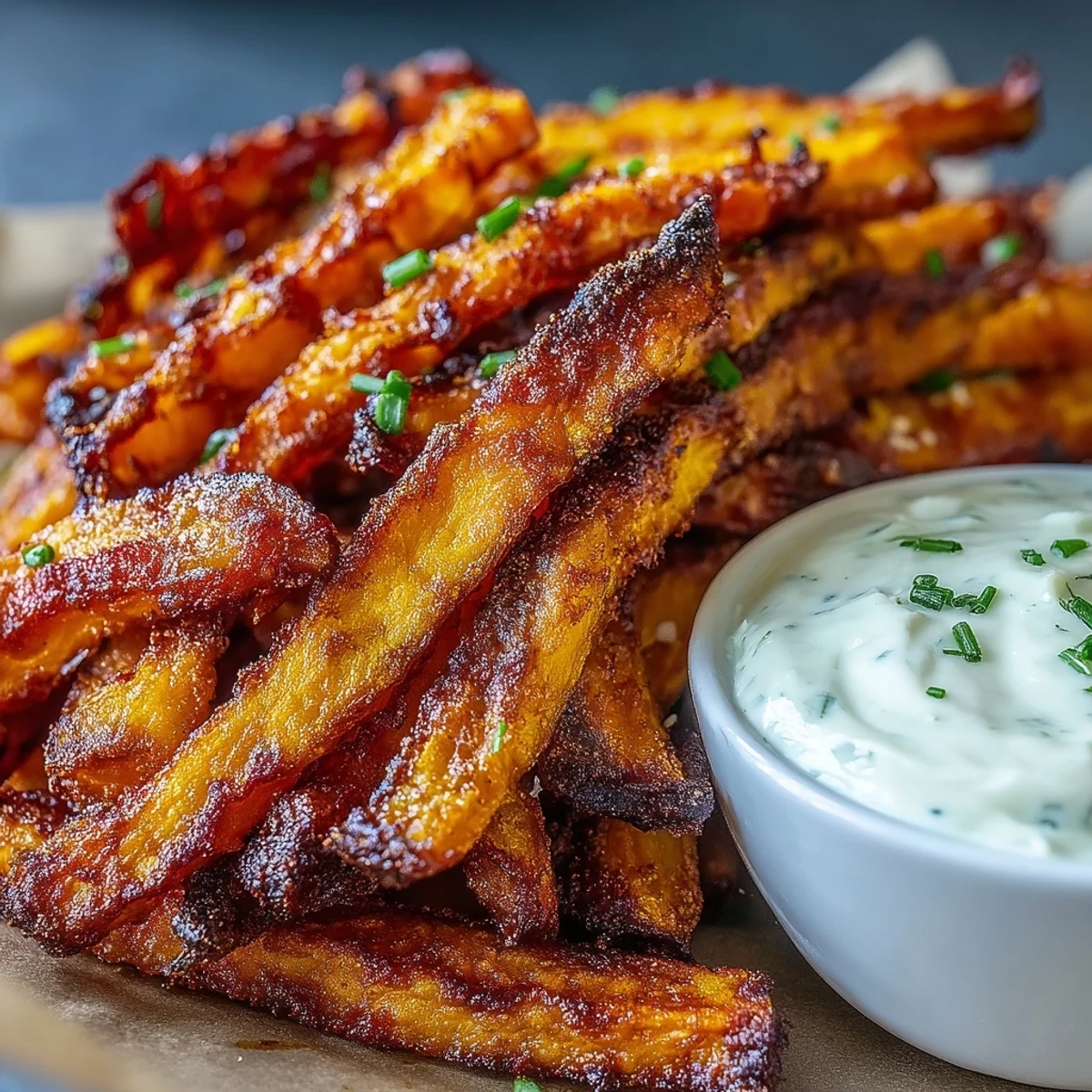Knusprige, goldene Süßkartoffelstäbchen aus dem Heißluftfritteuse, serviert mit cremigem, hausgemachtem Zwiebeldip.  