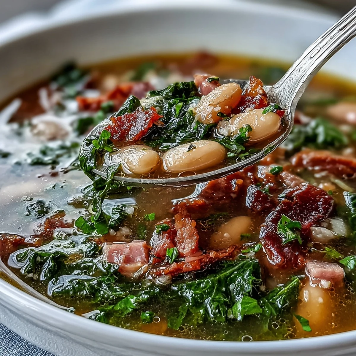Köstliche Schüssel mit herzhafter Schinken-Kale-Weißbohnensuppe, vollgepackt mit Gemüse und zartem Schinken in einer aromatischen Brühe.
